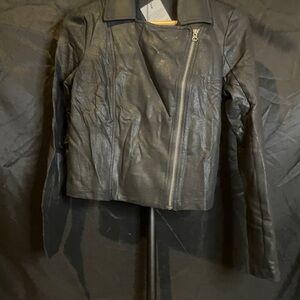 Krisa Women’s Black Leather Biker Jacket with Asymmetrical Zipper, Medium